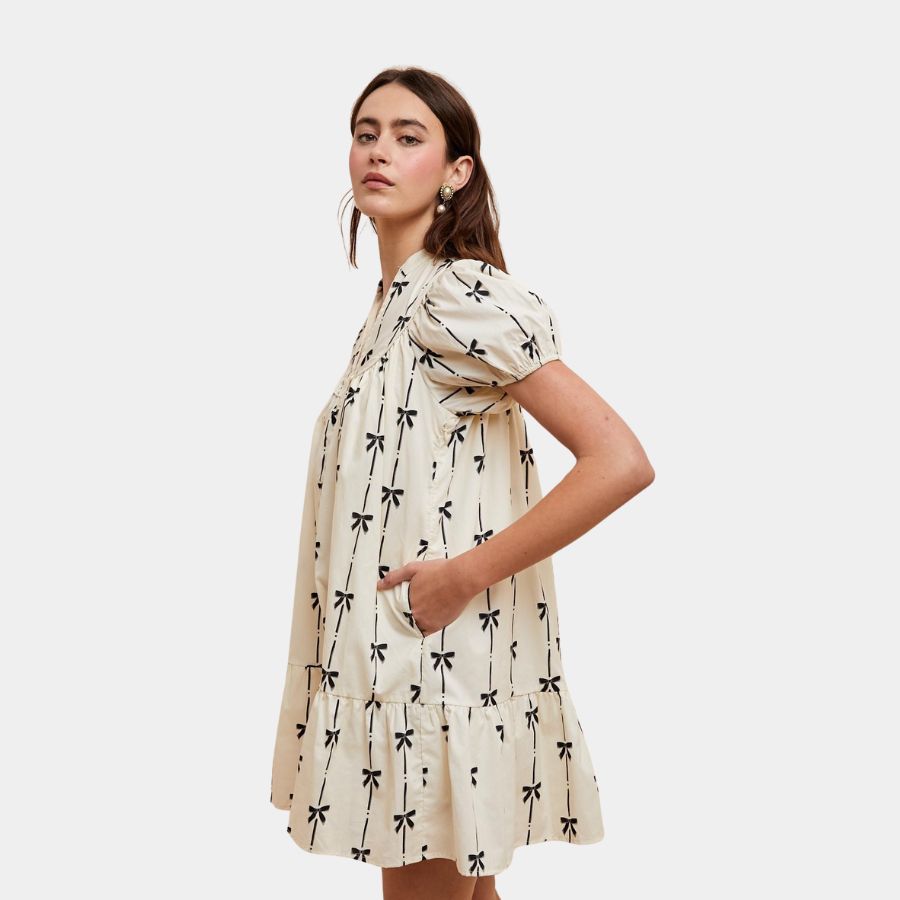 Bow Print Mini Dress Cream