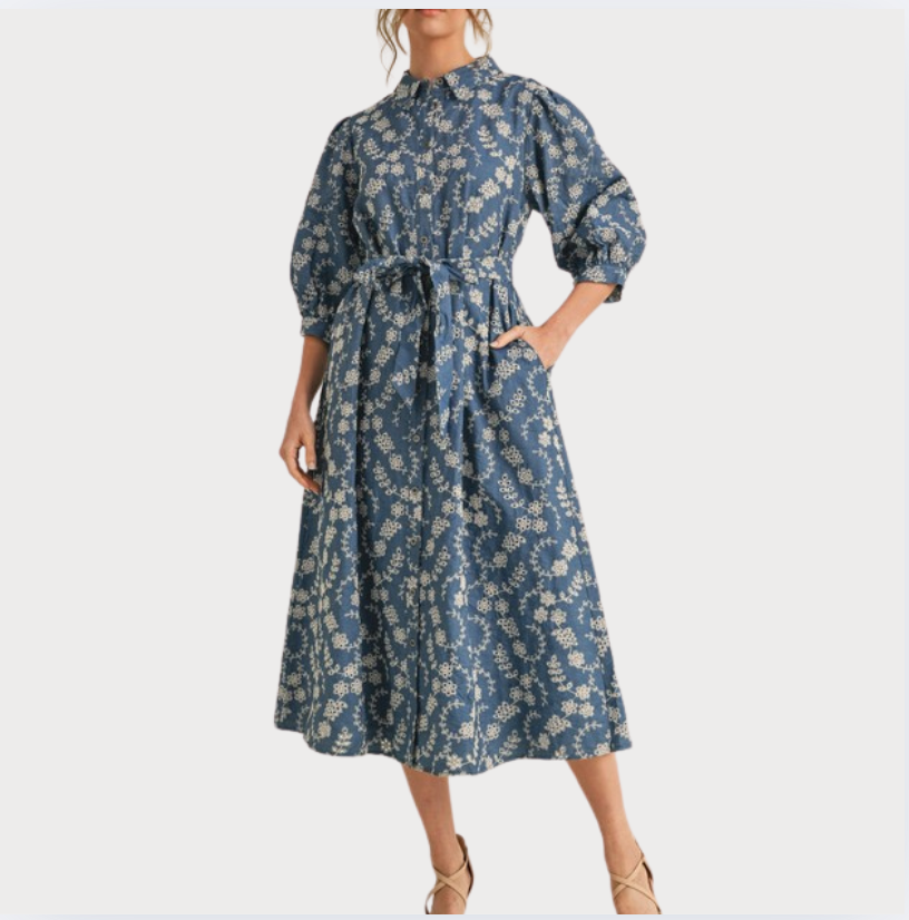 Embroidered Flower Dress blue/white