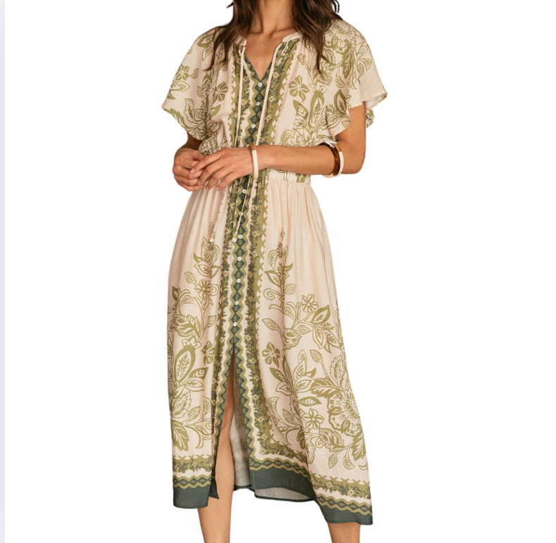 BORDER PRINT BUTTON FRONT DRESS