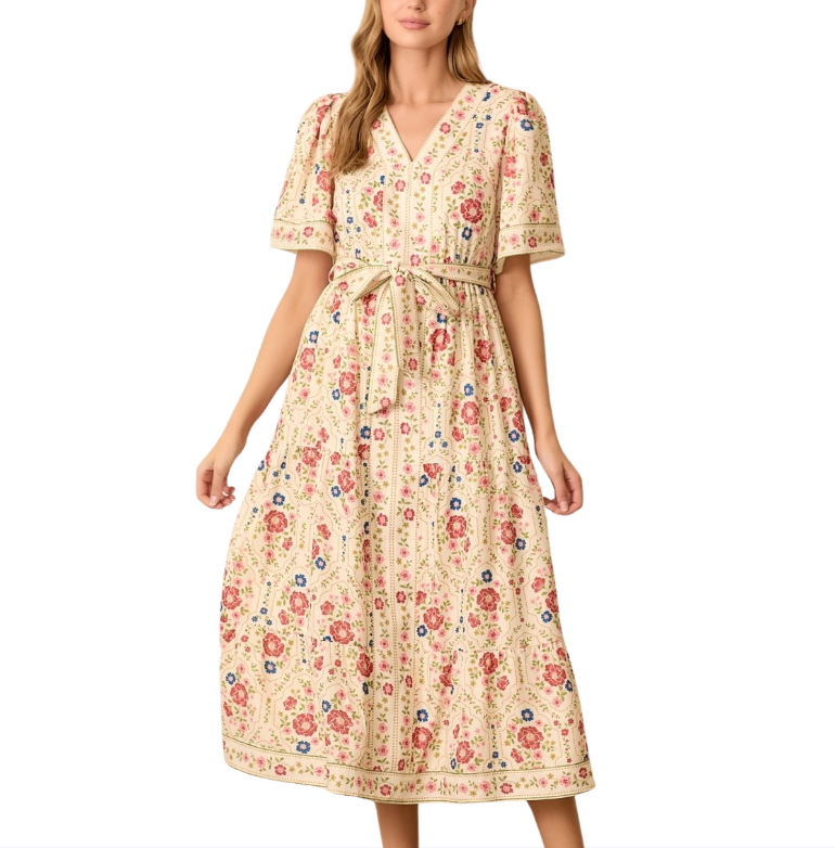 FLORAL V NECK MIDI DRESS