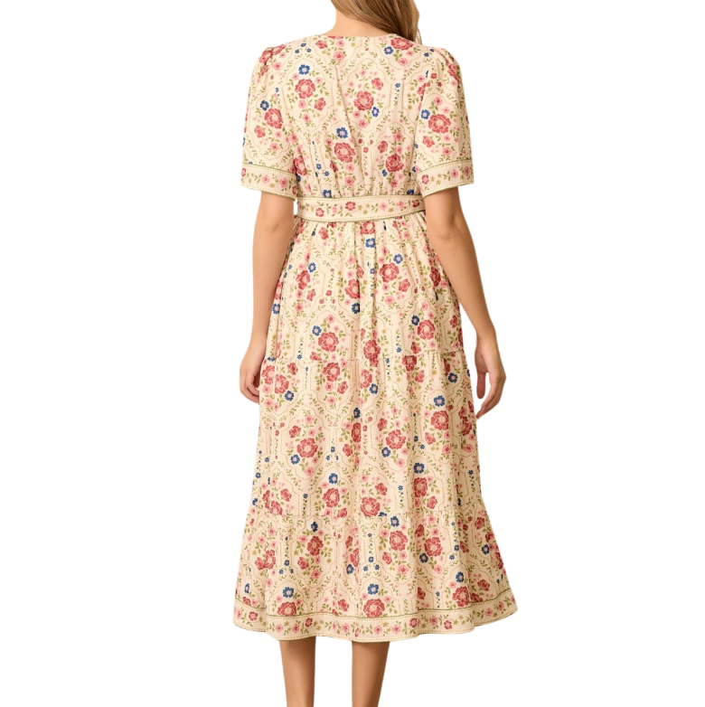 FLORAL V NECK MIDI DRESS
